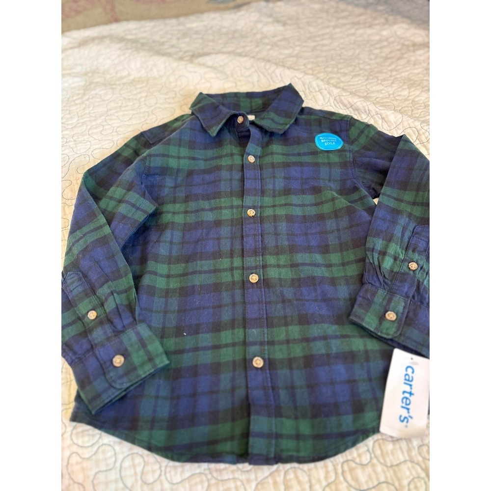 Carter's Toddler Boys Plaid‎ Button Up Shirt Green/Blue Size 5T #513
